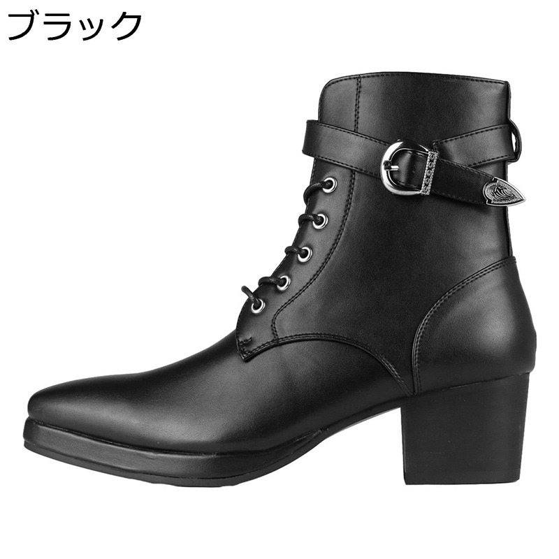 ショートブーツ メンズ 革靴 ハイヒール ストラップ レースアップ 秋冬春 ハイカット イタリア風 短靴 防寒対策 バイクブーツ 厚底 手作り 防滑 仕事 オフィス 通勤 通学 ラウンドトゥ ロングノーズ