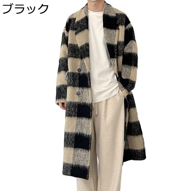 メンズ コート ロング チェスターコート アウター チェックコート ビジネス 厚手 ダブルボタン ラシャコート ジャケット ゆったり おしゃれ オーバーサイズ 韓国風 冬物 秋着 防風 防寒着 若者 お出かけ|NatsuShop 店