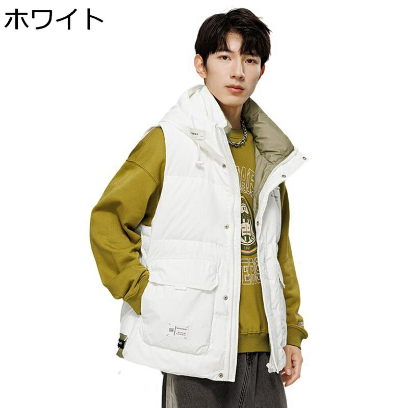 メンズ ベスト ダウン 4xl puレザー ノースリーブ フード付き ショートダウン フェイクレザー ハイネック アヒル羽毛 暖かいベスト 防寒 保温 冬用 チョッキ コンフォート 窮屈感のない 男女兼用 ストーリー