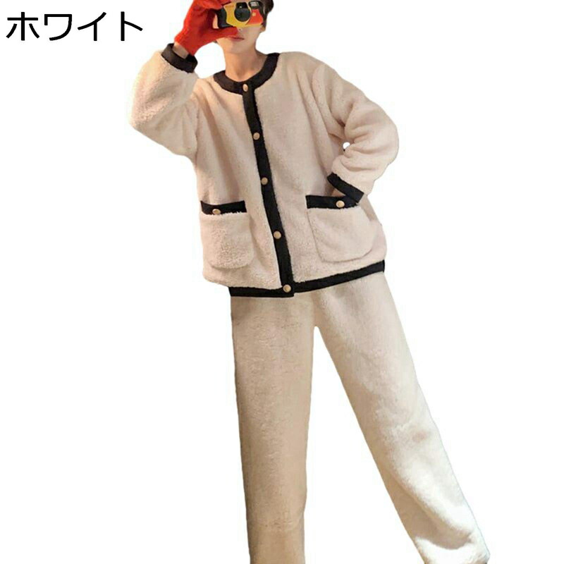ルームウェア レディース パジャマ 秋冬着 2着セット フランネル クルーネック 無地 シンプル 寝間着 丸首 ポケット付き 前開き 寝巻き 柔らか 保温 耐久性 ゆったり 韓国風 発熱 プレゼント 記念日