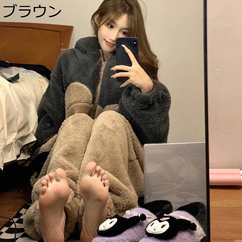 パジャマ レディース 綿ネル 連体服 ロンパース 熊耳ボンネット ジップアップ お部屋お召しもの お部屋着 もこもこ ボアフリース 好いたらしい 保温 生あたたかい 春 秋 冬 御姉さん 長袖 長ズボン 今めかしい 気が大きい大きさ