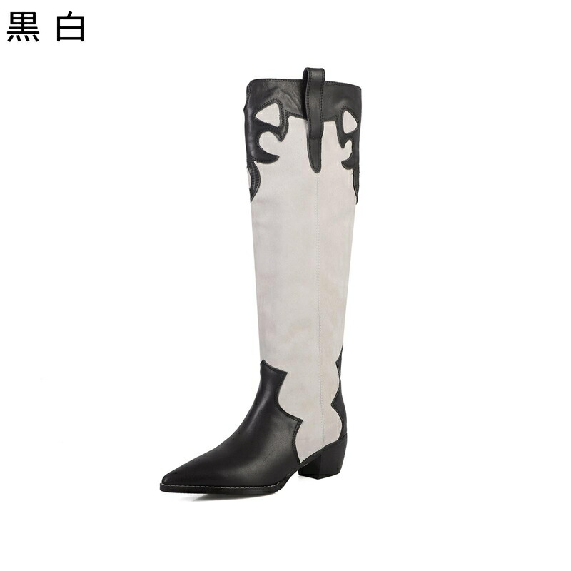 ウェスタンブーツ レディース ロングブーツ 本革 レザー パッチワーク コンビ 秋 冬 ミドルヒール ポインテッドトゥ スクエアヒール くしゅくしゅ 可愛い シンプル おしゃれ 普段使い|NatsuShop 店