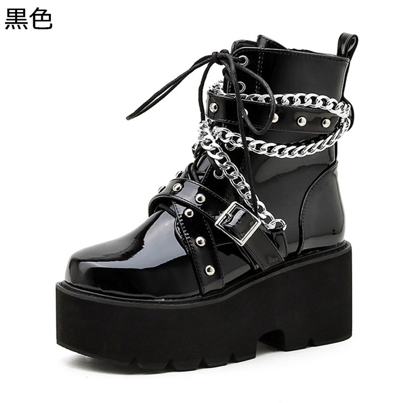 ゴシックパンク ショットブーツ 厚底 レディース エナメル 可愛い ロック チェーン付き プラットフォーム 滑り止め ブーティ 大きいサイズ コスプレ靴 革靴 軽い クッション性 コスプレ ゴスロリ 地雷系
