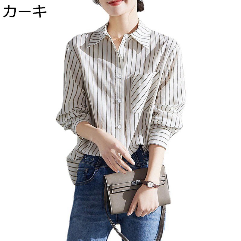 ブラウス 長そで ストライプ柄 シャツ プルオーバー レディース ボタンダウン 春秋服 薄手 折り襟 胸ポケット 柔らか 体型カバー 韓国 かわいい エレガント オシャレ 上着 通勤 カジュアル OL お出かけ