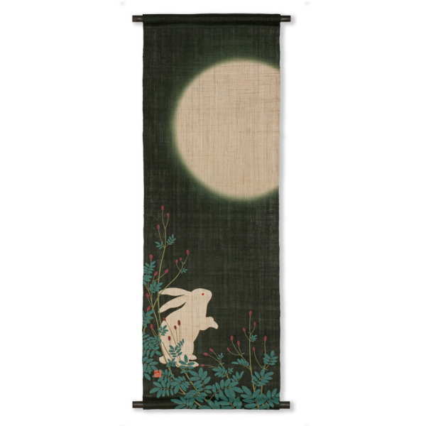 京都くろちく【新品】高級麻手描きタペストリー「松竹梅にうさぎ2羽」120センチ 高山うさぎ舎 [うさぎと暮らしの雑貨]