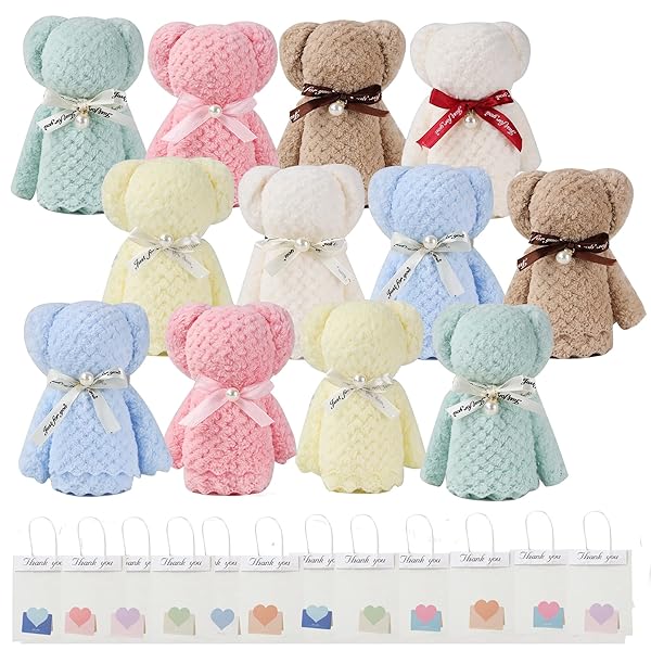 タオル12個セット ハンカチ プチギフト ハンドタオル プレゼントプチギフト 個包装 かわいい パールくまさん ベアー ギフト 景品 退職 退院 引っ越しの挨拶 結婚式 お返し粗品 メッセージカード ラッピングバック付き画像
