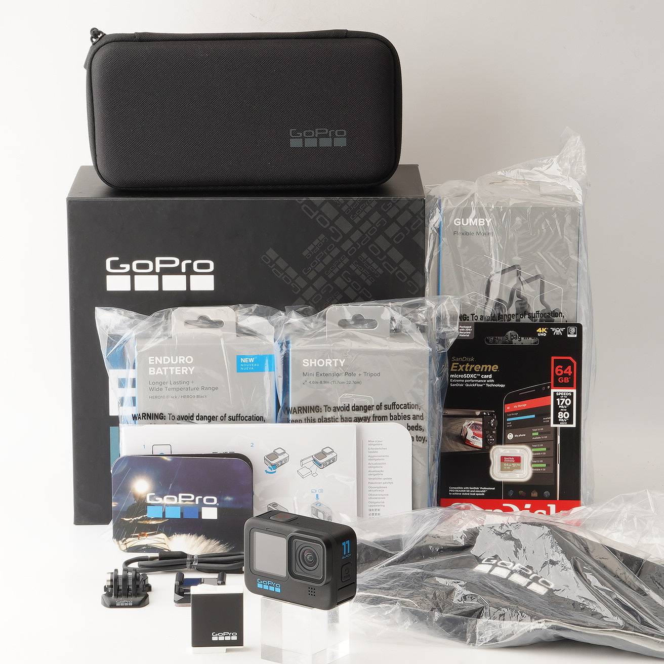 美品 GoPro HERO11 黒いこと エクスプローラあふれる元気仕かける / 蓄電池 / マイクロSD 64GB / 三脚架 / グリップマウント / かぶり笠