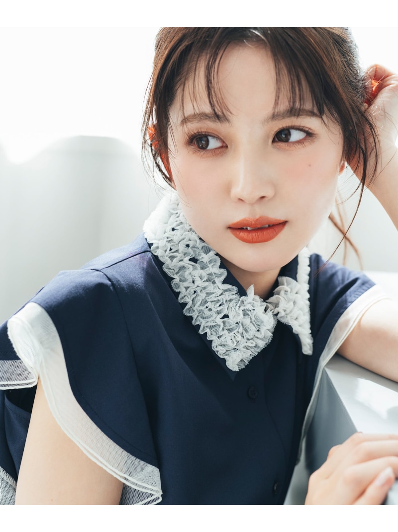 チュールカラーシャツ NATURAL BEAUTY BASIC ナチュラルビューティベーシック トップス シャツ・ブラウス イエロー ネイビー【送料無料】[ Fashion]