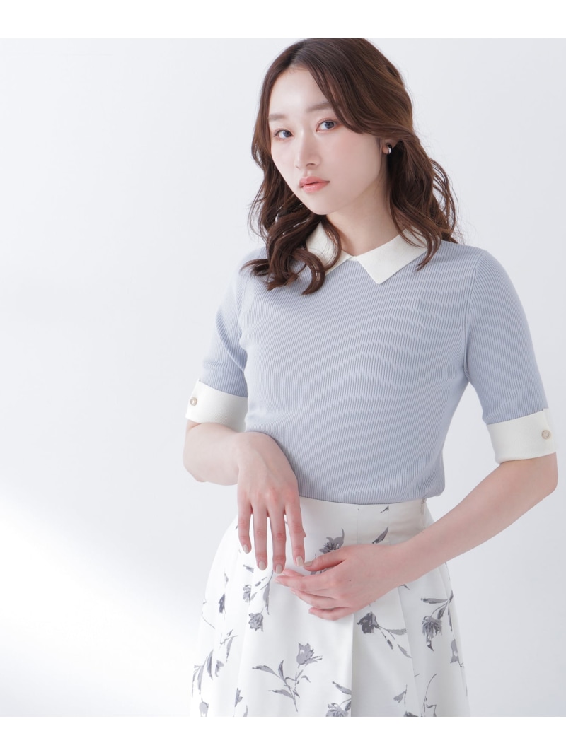 襟付きリブベーシックニット半袖 NATURAL BEAUTY BASIC ナチュラルビューティベーシック トップス ニット ブルー ブラック ベージュ【送料無料】[ Fashion]
