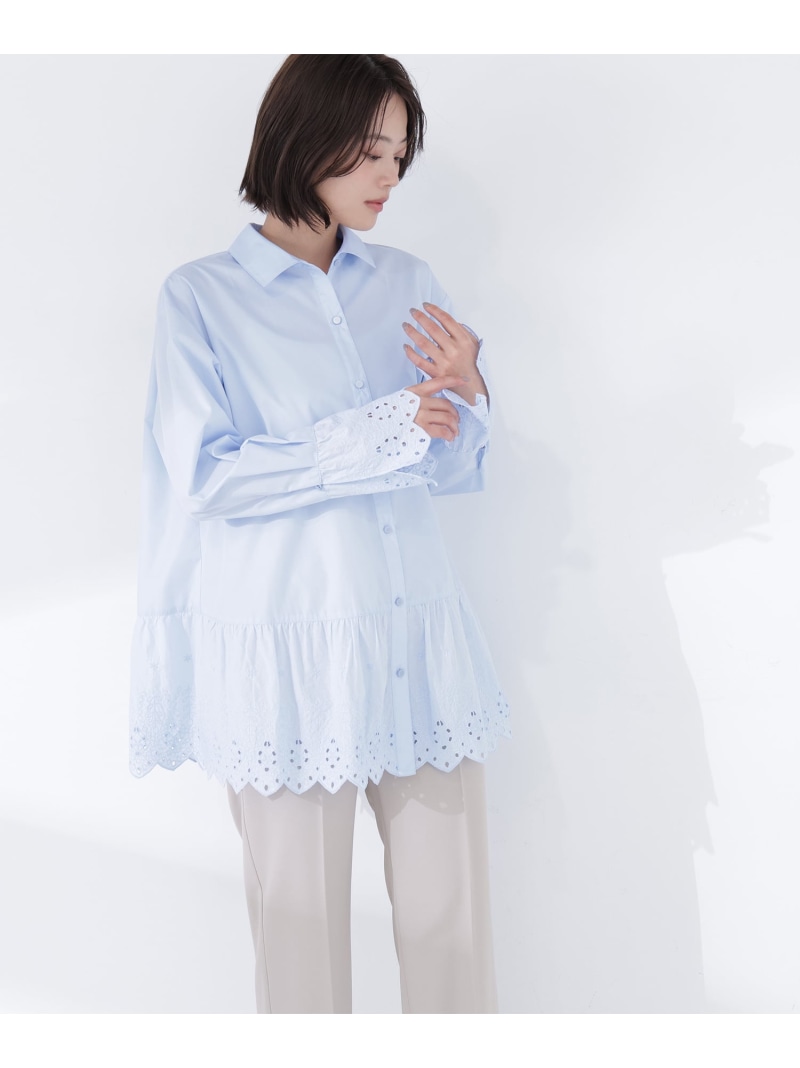 レース切替オーバーシャツ NATURAL BEAUTY BASIC ナチュラルビューティベーシック トップス シャツ・ブラウス ホワイト ベージュ ブルー【送料無料】[ Fashion]