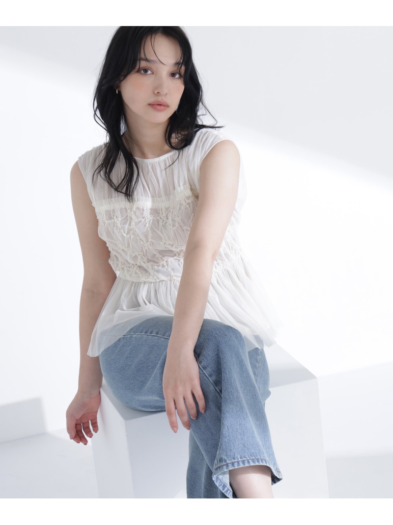 チュールシャーリングブラウス NATURAL BEAUTY BASIC ナチュラルビューティベーシック トップス シャツ・ブラウス ホワイト ブルー ブラウン【先行予約】*【送料無料】[ Fashion]