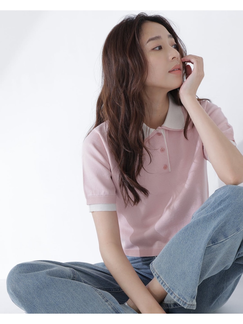 ダブルカラーポロニット NATURAL BEAUTY BASIC ナチュラルビューティベーシック トップス ニット ホワイト ブルー【先行予約】*【送料無料】[ Fashion]
