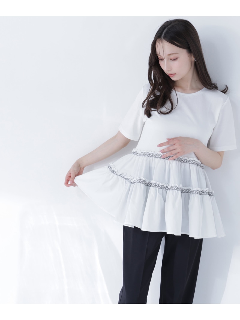 ドッキングティアードカットソー NATURAL BEAUTY BASIC ナチュラルビューティベーシック トップス カットソー・Tシャツ グレー ホワイト【先行予約】*【送料無料】[ Fashion]
