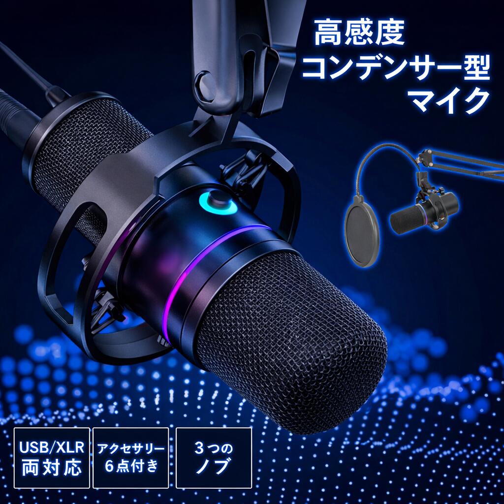 【高感度コンデンサー型×RGB搭載】 ゲーミングマイク USB/XLR両対応 6点セット 単一指向性 繊細な集音 ゲーム実況 ボイスチャット ライブ配信 録音 ミュート機能 マイクアーム ポップフィルター付 Nature Depot DXU-08 正規品 送料無料