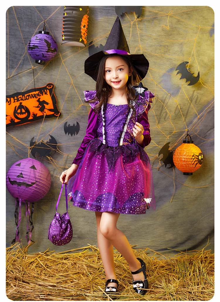 ハロウィン　コスプレ 魔女 紫 ウィッチ キッズ ドレス 100cm ドレス