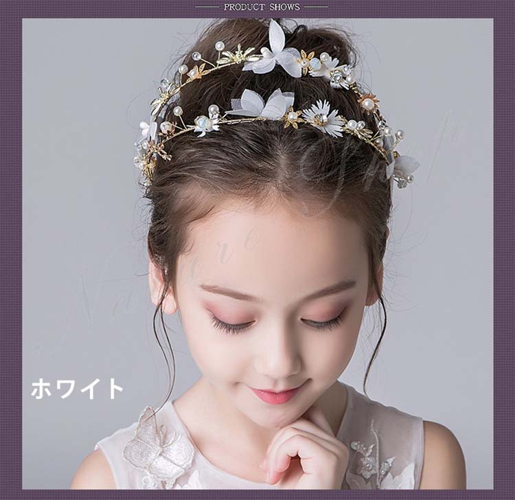 市場 ヘアアクセサリー ホワイト 髪飾り 白 ヘアバンド 可愛い ヘッドドレス ゴールド 子供 花 キッズ パール フラワースタイル