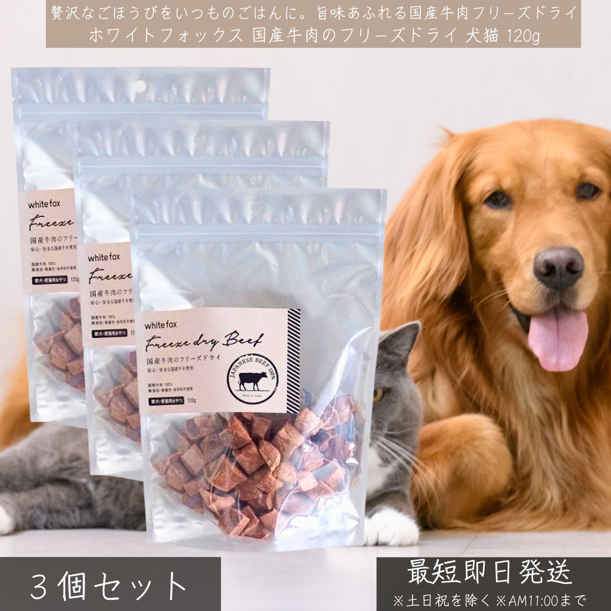 ホワイトフォックス 国産牛肉のフリーズドライ 犬猫 120g ×3個セット │ 無添加 おやつ トッピング 国産赤身肉 使用 高タンパク 低脂肪 日本製 トリーツ 牛肉 ダイスカット ペット用