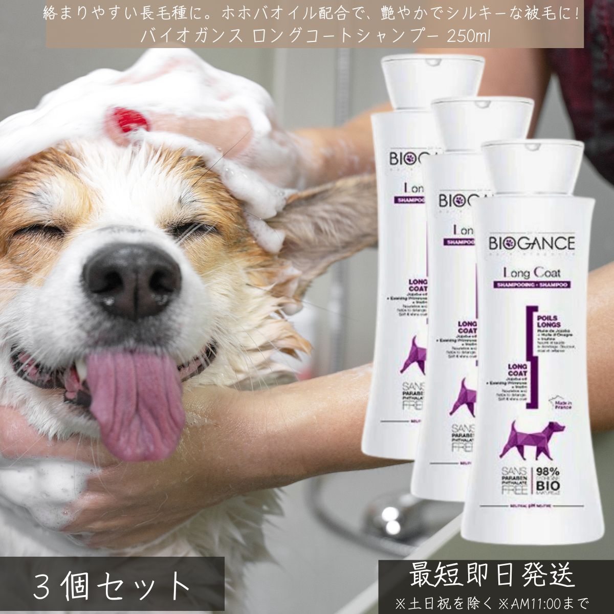 バイオガンス ロングコートシャンプー 250ml ×3個セット │ 犬 猫 ペット用 天然成分 オーガニック ホホバオイル マツヨイグサエキス 弱酸性 低刺激 パラベンフリー フランス製