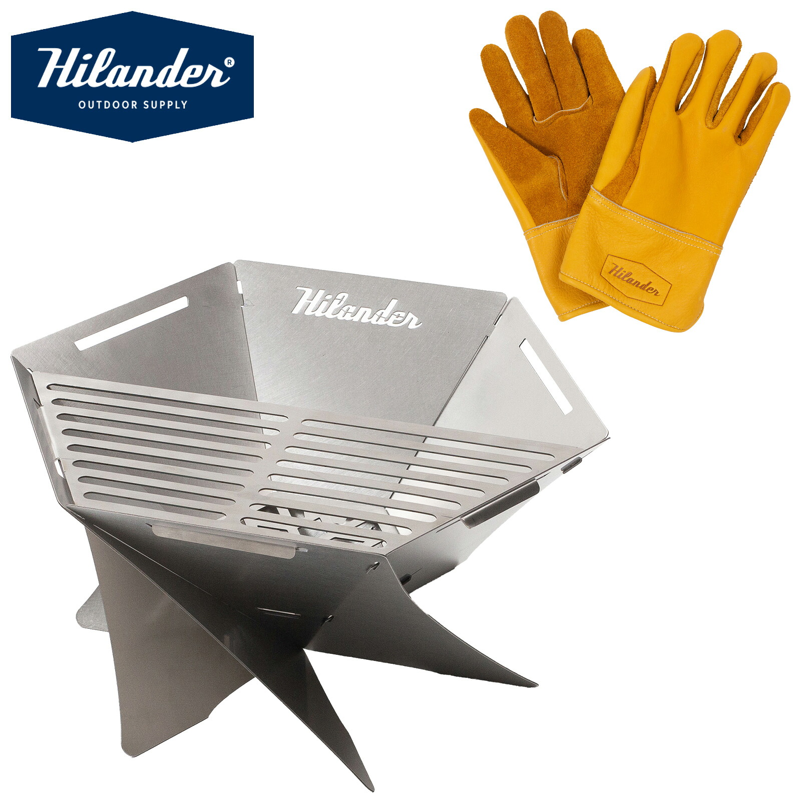 Hilander(ハイランダー) 【お得なセット】焚き火台 六花(りっか)(梯形五徳付き)+六花焚き火グローブ HCS-003+HCM-001|ナチュラム キャンプ専門店