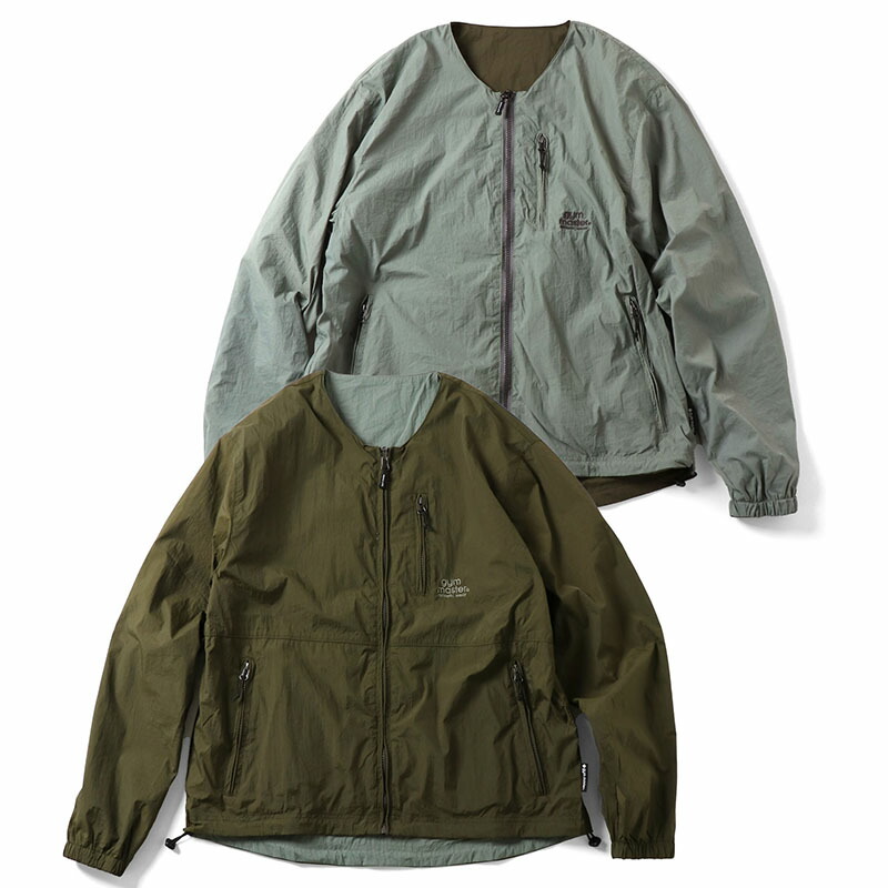 リバーシブル ナイロン ノーカラージャケット M オリーブ×グレー(46)
