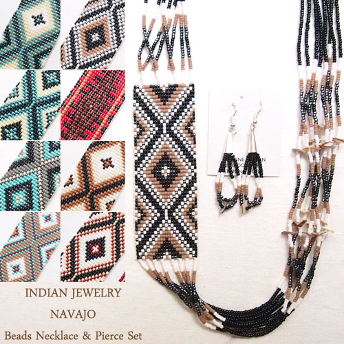 インディアン ジュエリー ナバホ ビーズ ネックレス&ピアス セット/ブラック/クリーム/グレー/レッド/ホワイト INDIAN JEWELRY NAVAJO Necklace Pierce Set