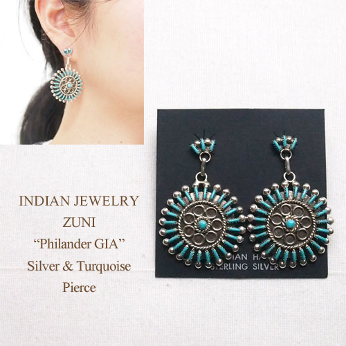 インディアンジュエリー ズニ "Philander GIA" シルバー ターコイズ ニードルポイント キャッチ ピアスINDIAN JEWELRY ZUNI EARRINGS|NAVIE