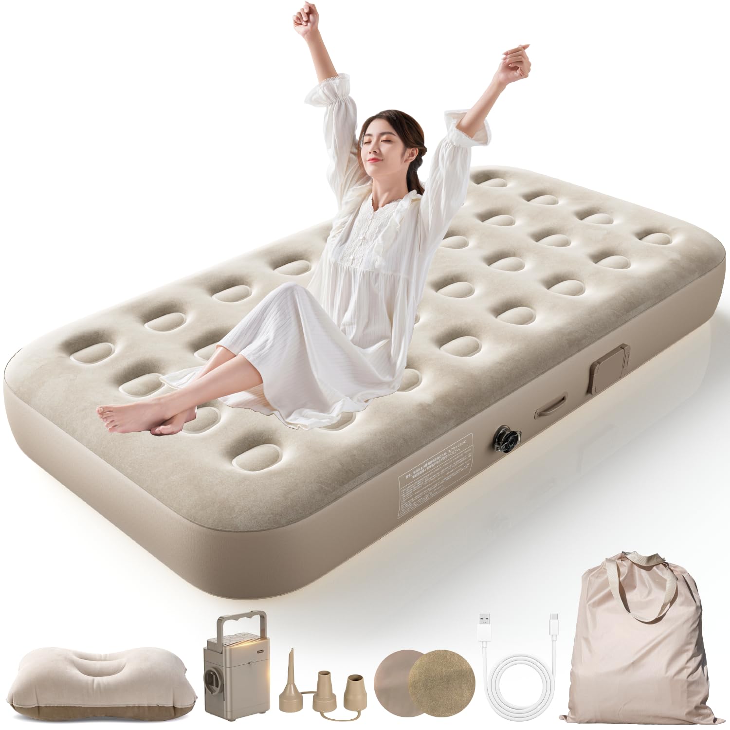 エアーベッド 花見 キャンプ マット キャンプ用品 エアーマット 電動ポンプ内蔵 シングル 190×100×25cm 折り畳み式 自動膨張 ワンタッチで空気抜け Type-C充電式 取り外し可能 防水性・通気性・快適性 枕付き 収納袋付き