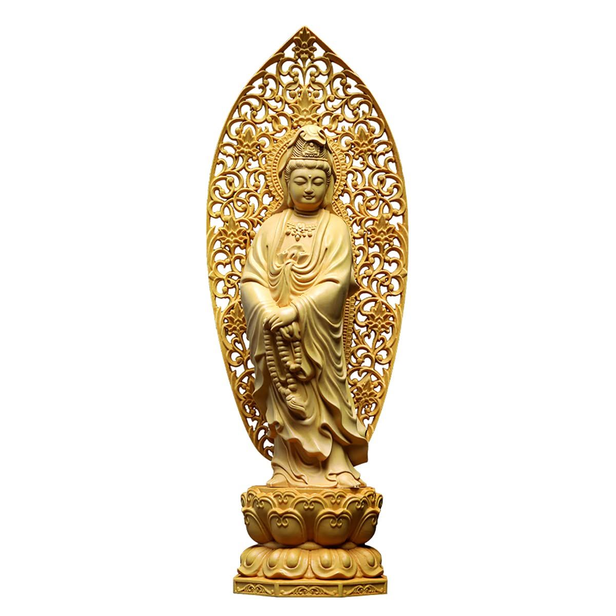観音像 観音菩薩彫像 仏像 仏壇仏像 木彫り 飾りつけ 唐草円光 柘植の木 祈る 厄除け（高さ27cm×巾7.5cm×奥ぶかさ7.5糎） (原木)