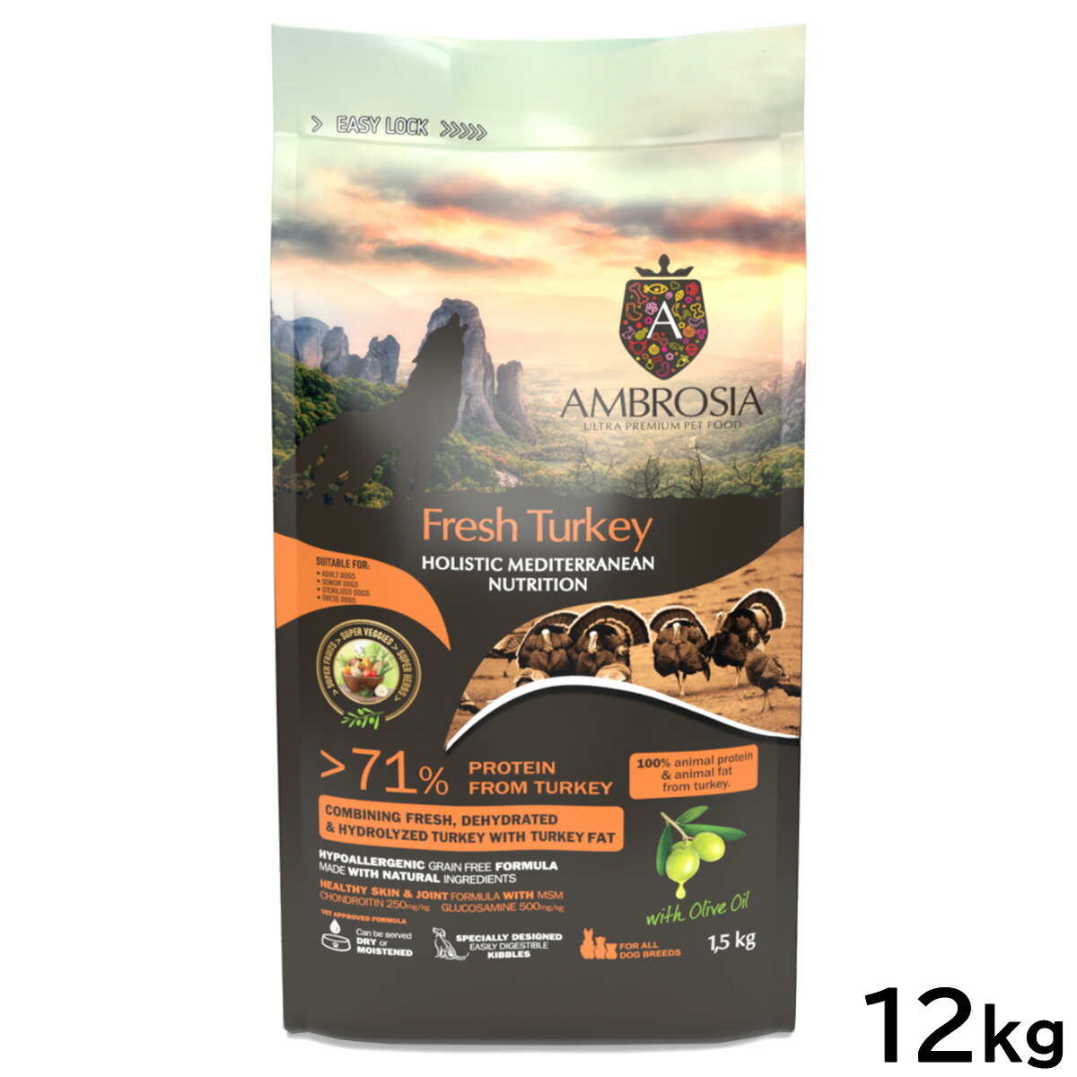 【店内ポイント最大52倍！本日限定！】アンブロシア AMBROSIA ドッグフード HMN ターキー 12kg【送料無料】 無添加 穀物不使用 グレインフリー 地中海食｜ドッグニール