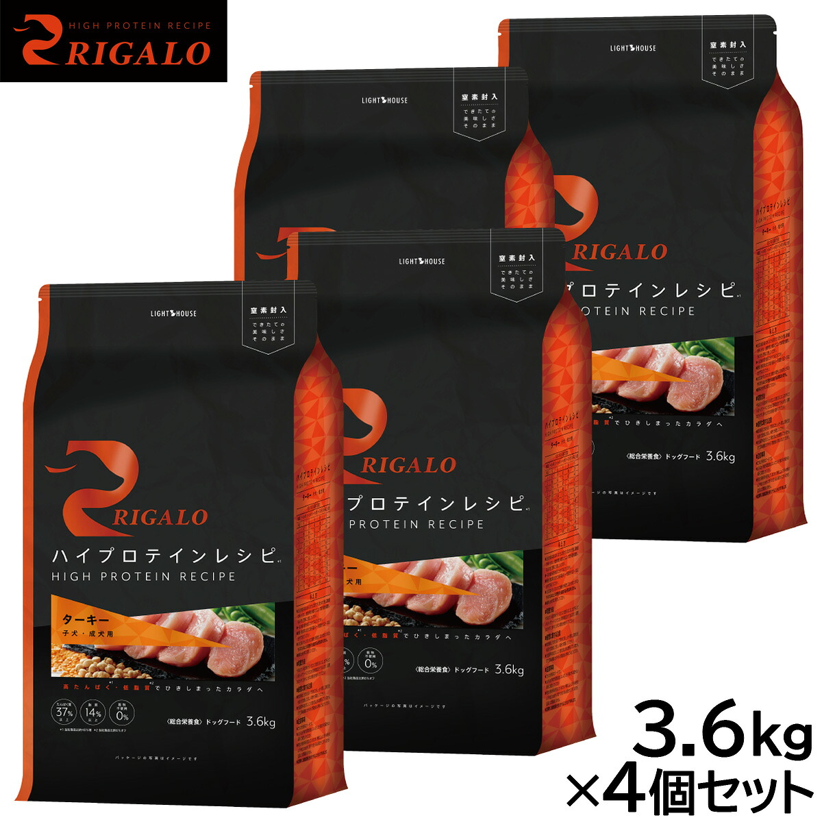 【店内ポイント最大52倍！本日限定！】リガロ RIGALO ドッグフード ハイプロテインレシピ 子犬・成犬用 ターキー 3.6kg&times;4個セット｜ドッグニール