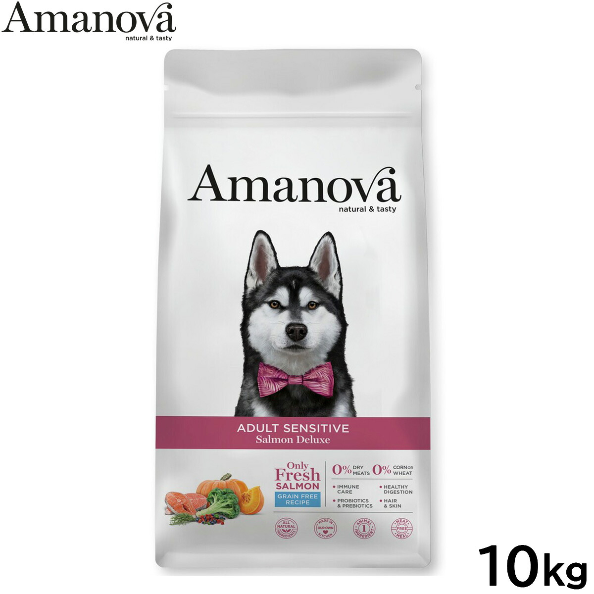 【店内ポイント最大39倍！本日限定！】アマノバ Amanova ドッグフード アダルト センシティブ サーモン デラックス ドライフード 成犬用 中粒 10kg 無添加 ミール不使用