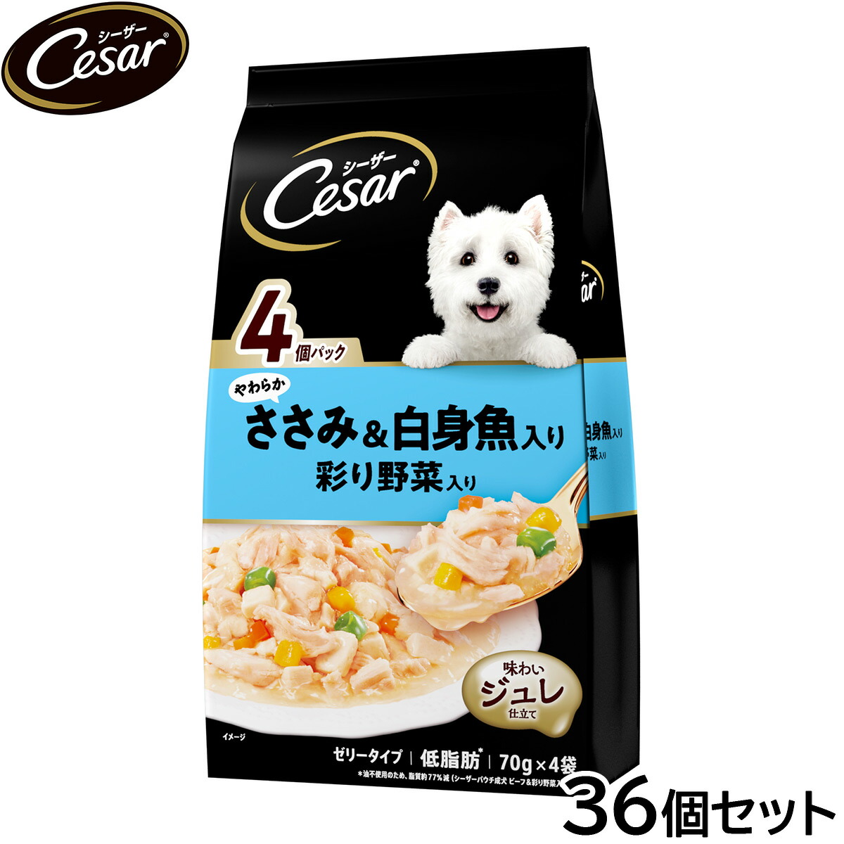 【店内ポイント最大52倍!本日限定!】シーザー ドッグフード パウチ 成犬用 やわらかささみ&白身魚入り 彩り野菜入り 70g×4袋×36個セット【送料無料】 缶詰|ドッグニール