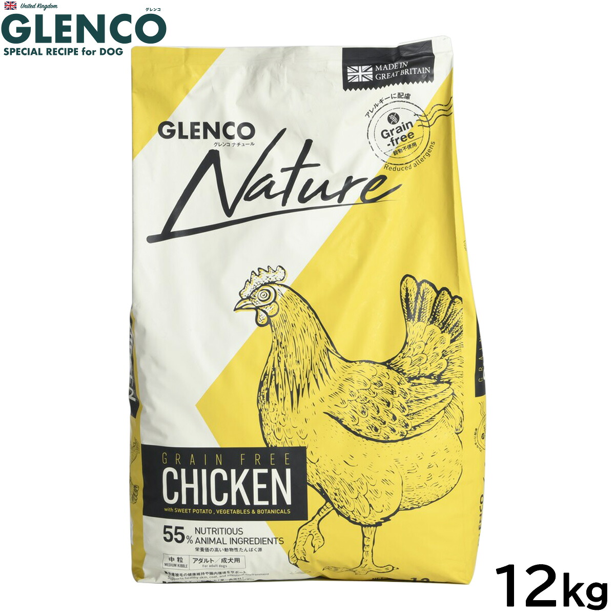 【店内ポイント最大52倍！本日限定！】グレンコ GLENCO ドッグフード ナチュール グレインフリー アダルト チキン 中粒 成犬用 12kg 穀物不使用 無添加 中型犬 大型犬｜ドッグニール