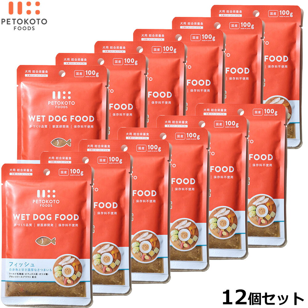 【店内ポイント最大44倍！本日限定！】ペトコトフーズ PETOKOTO ウェットドッグフード フィッシュ 100g×12個 国産 無添加 穀物不使用ウェットフード パウチ レトルト