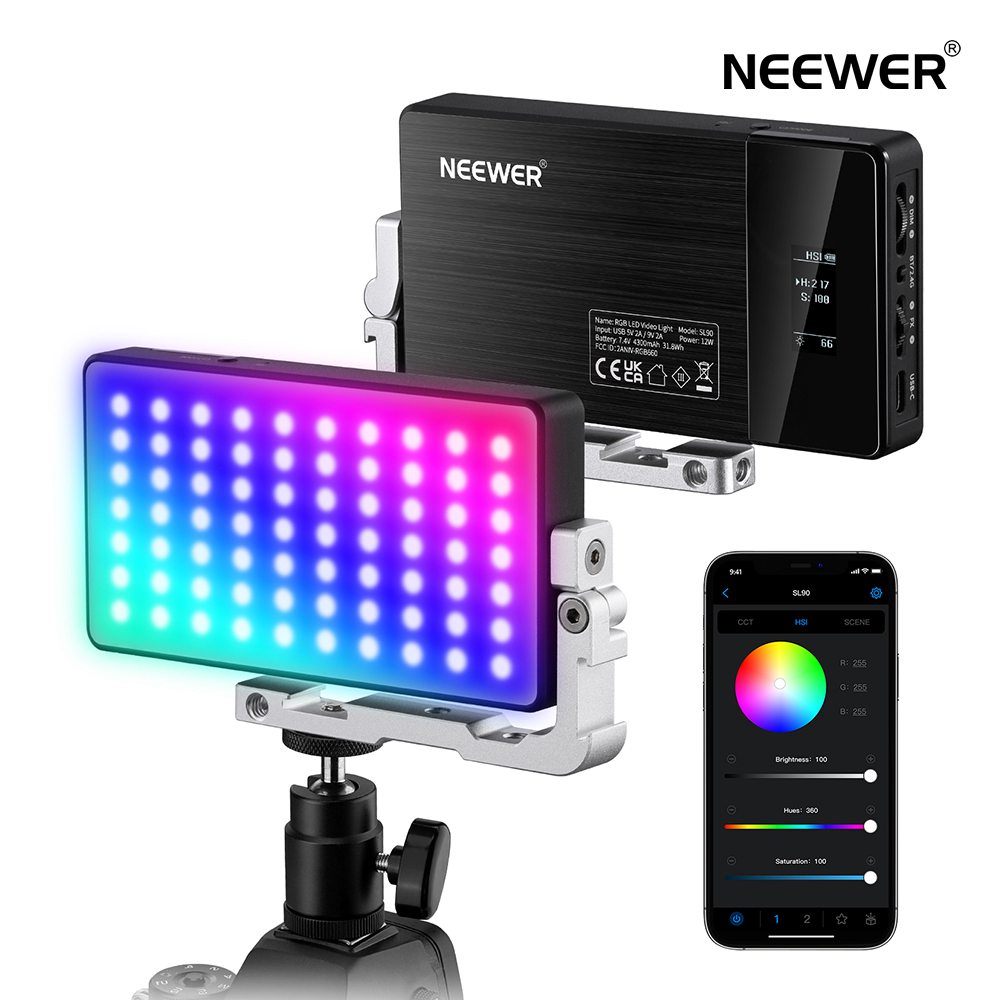 NEEWER SL90 RGBビデオライト 12W 4300mAh充電式バッテリー フルカラー 18ライトエフェクト 2500-10000K CRI97+ LEDカメラライト アルミ合金ボディ アプリと2.4Gコントロール付き YouTube/Vlog/写真に適用｜neewer-store
