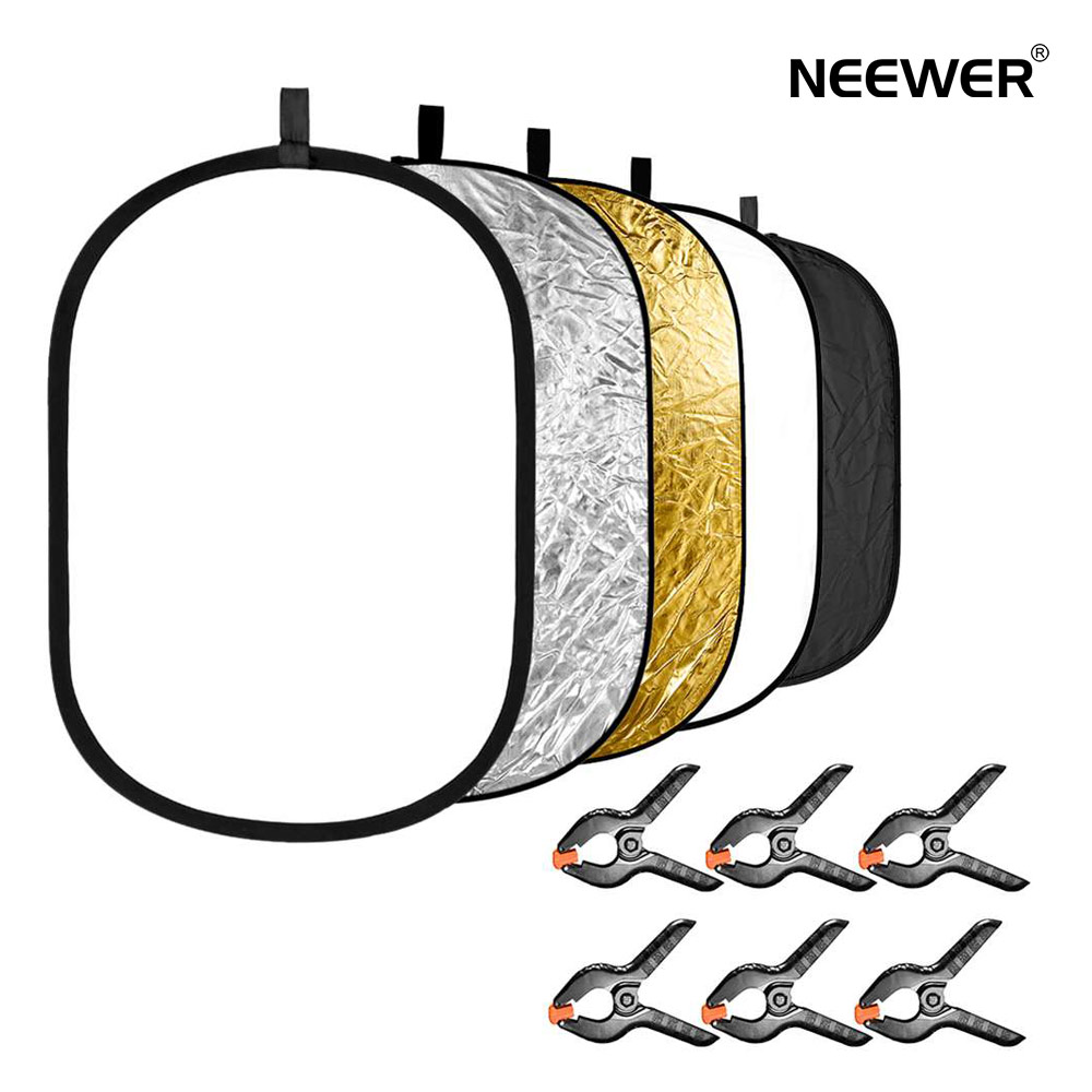 Neewer 5 In 1撮影用レフ板 6個背景布用クランプ付き 楕円形60x90cm 折りたたみ式 半透明 金 銀 白 良質