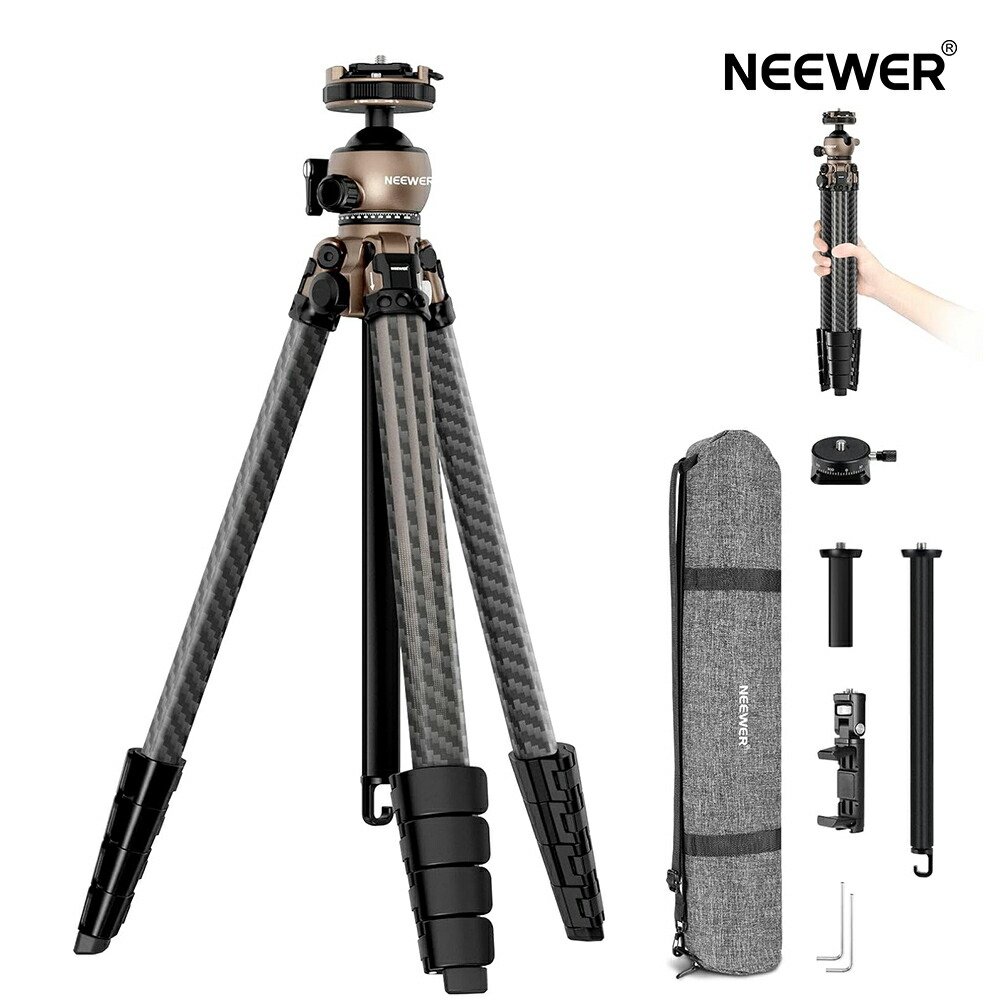 NEEWER LITETRIP旅行三脚 写真機三脚 155糎/157糎 カーボン衣料繊維製 炭素三脚 食麺麭/チルトロープロファイルボールヘッド/Arca型QRお皿/真っただ中軸/2インチ1スマホクランプハンドグリップ Peak Design三脚架お皿V3に相応う 耐荷重10kg LT35/TP30