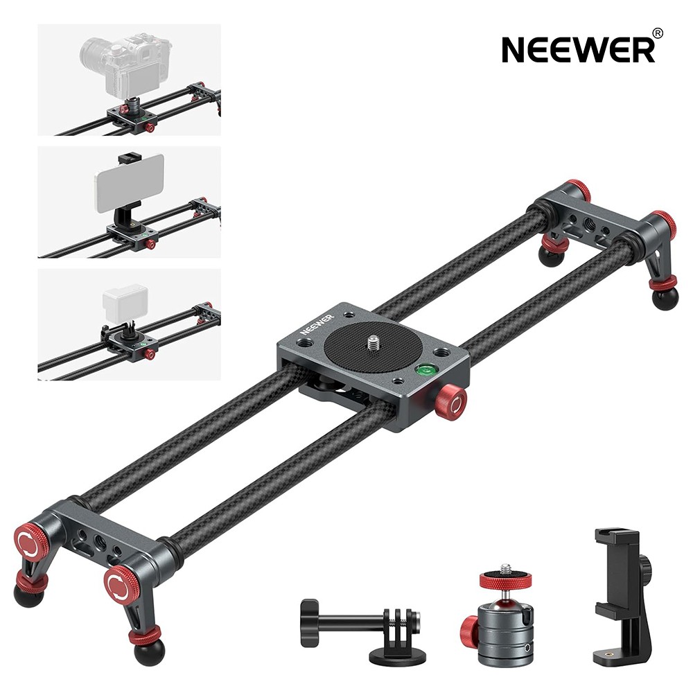 NEEWER 40cm 炭素繊維カメラスライダー 360&deg;ボールヘッド/スマホクランプ/アクションカメラマウント/4つベアリングと調節可能な脚付き ドリーレールトラック Insta360/iPhone/Androidに対応 CS1M｜neewer-store
