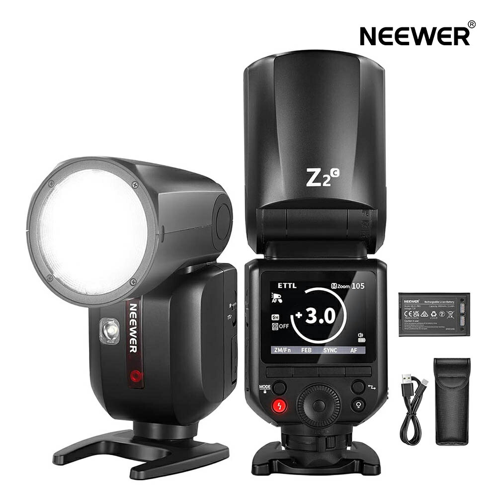 NEEWER Z2-C 2.4G TTLラウンドヘッドフラッシュストロボ 素早さ点火装置 繰り上げる評点されたUI 2つの合わせる能力のあるなモデリング照明ランプ TTL/MクイックTCM取り替えっこ 76Ws 1/8000s HSS 7.2V/3000mAh乾電池 600フルパワーフラッシュ