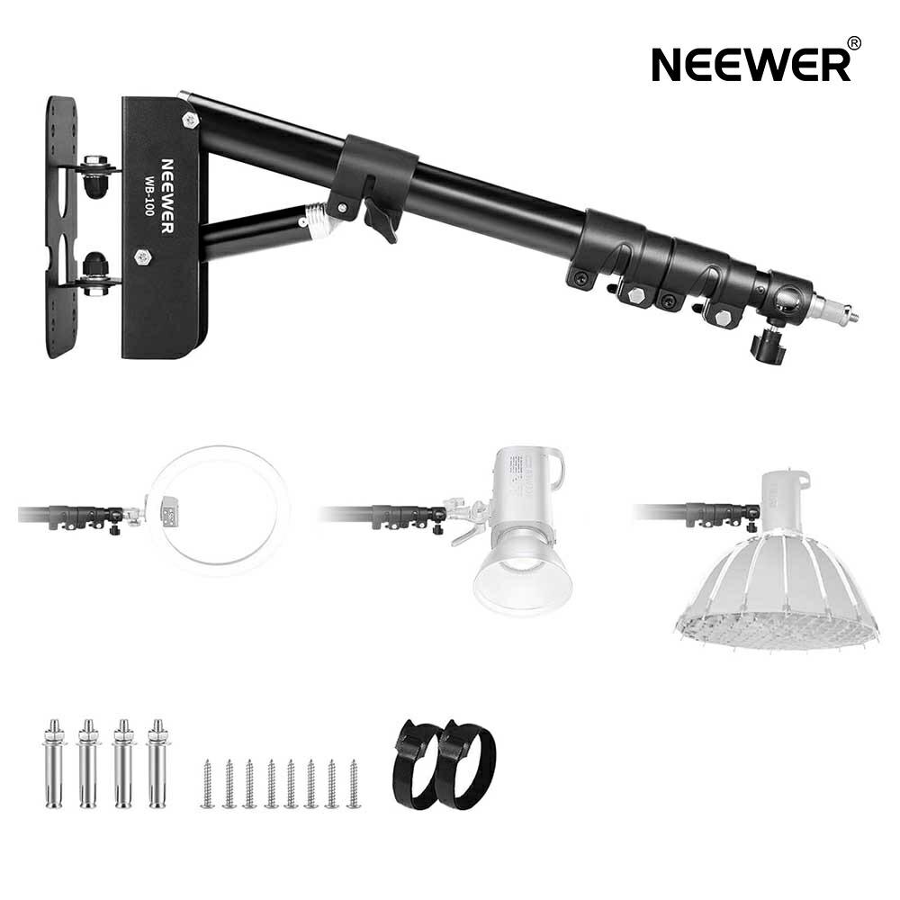 【P10倍+5%OFF券】NEEWER 壁掛けブームアーム 三角形 リングライト用 55-116cm 180°回転 3kg荷重 アルミ合金製 写真用ストロボ/モノライト/ソフトボックス/アンブレラ/レフ板用 WB-100 黒