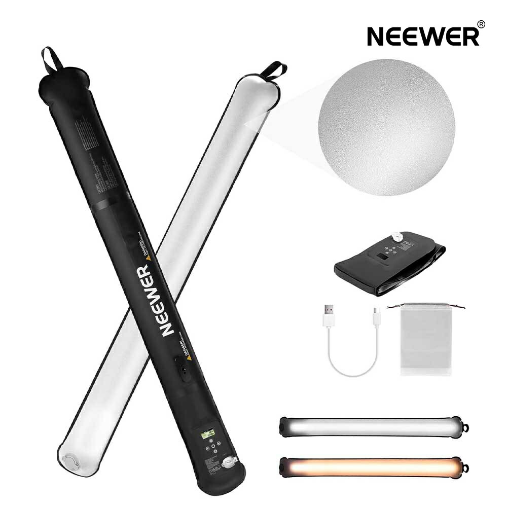 NEEWER BASICS 21W LEDチューブライト インフレータブル 90cm バイカラー スティックライト TPU製 ハンドヘルド 軽量 ポータブル 2700-6500K調光可能 CRI95 12シーン 1300LUX/0.5 2500mAh電池 ライトワンド ビデオライト 撮影用ライト GC21B