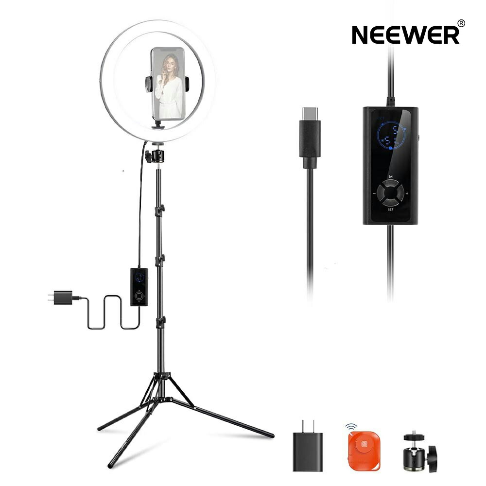 NEEWER 12インチ 24W LEDリングライト 撮影用ライト 三脚スタンド付き ビデオライト バイカラー 2900-7000K USB タイプC PD入力 スマホ用 照明 女優ライト CRI97+ 1810lux/0.5m iPhoneに対応 化粧/スタジオ/ストリーミング/自撮り用 RH12B K2