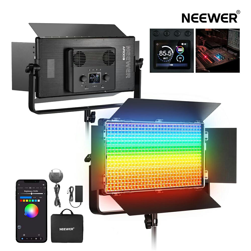 NEEWER AP100C 撮影用ライト RGB LEDビデオライト 105W 高輝度定常光 APP/2.4G/パネル/DMX制御 1200個LEDビーズ 31500Lux/0.5m 高演色CRI96+/TLCI97+ 調光可能2500-10000K 無段階調光 フルカラー 18FXシーンモード バーンドア付き補光ライト
