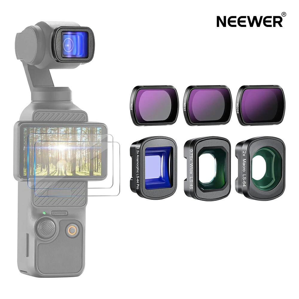 【P10倍+5%OFF券】NEEWER NDフィルターセット 3枚 ND8 ND32 ND256 0.75X広角レンズ/2Xマクロレンズ/1.2Xブルー アナモルフィックレンズ/スクリーンプロテクター付き アクションカメラフィルター DJI Osmo Pocket 3 Creator Comboアクセサリに対応 FL-B27