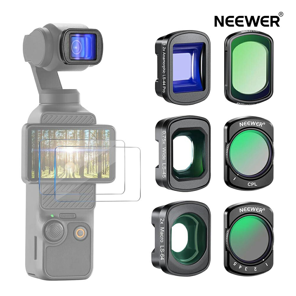 NEEWER ND水漉し仕掛ける 3枚 変数ND2-32 CPL 1/4黒いこと鳴りわたる 0.75X広角水晶体/2Xマクロ命令水晶体/1.2X青色 アナモルフィックレンズ/映写幕プロテクター付き添い人 アクションカメラフィルター DJI Osmo Pocket 3/Pocket 4/Xtra Muse用 FL-B28