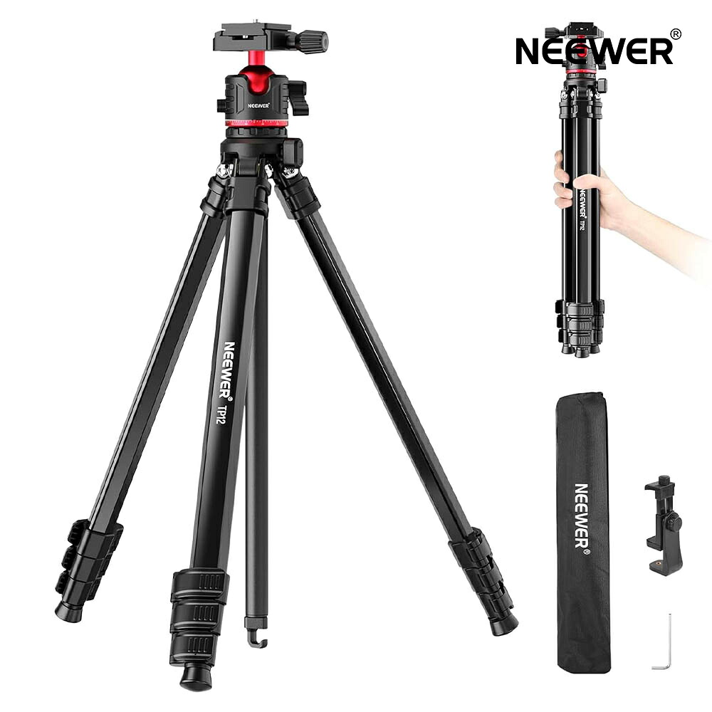 NEEWER BASICS 66.5インチ/169cm カメラ用旅行用三脚 軽量ポータブルDSLRスタンド ボールヘッド付き ArcaタイプQRプレート 携帯電話ホルダー iPhoneビデオ録画対応 最大荷重11ポンド TP12