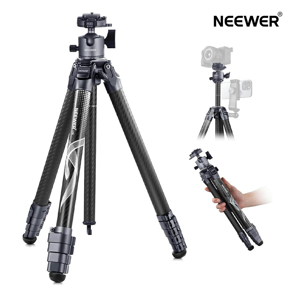 NEEWER LITETRIP 157cmカメラ三脚 カーボン ビデオ三脚 ポータブル 軽量 コンパクト 旅行用三脚 取り外し可能±15°水平調整360°パノラマヘッド/アルカ型QRプレート 撮影用三脚 ビデオカメラスタンド トラベル三脚 Capture V3用 耐荷重10kg LT34
