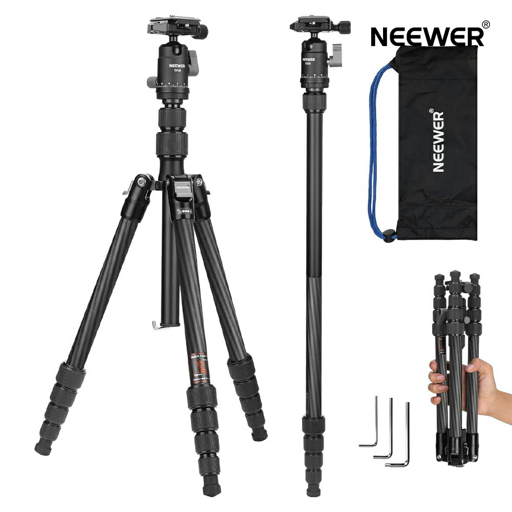 NEEWER カメラ三脚一脚 160cm カーボン製 軽量 コンパクト ポータブル 旅行DSLRビデオカメラスタンド 360°ボールヘッド 滑り止めQRプレート 5段調整可能 反転センターコラム 逆折り脚 最大荷重6kg TP39|neewer-store