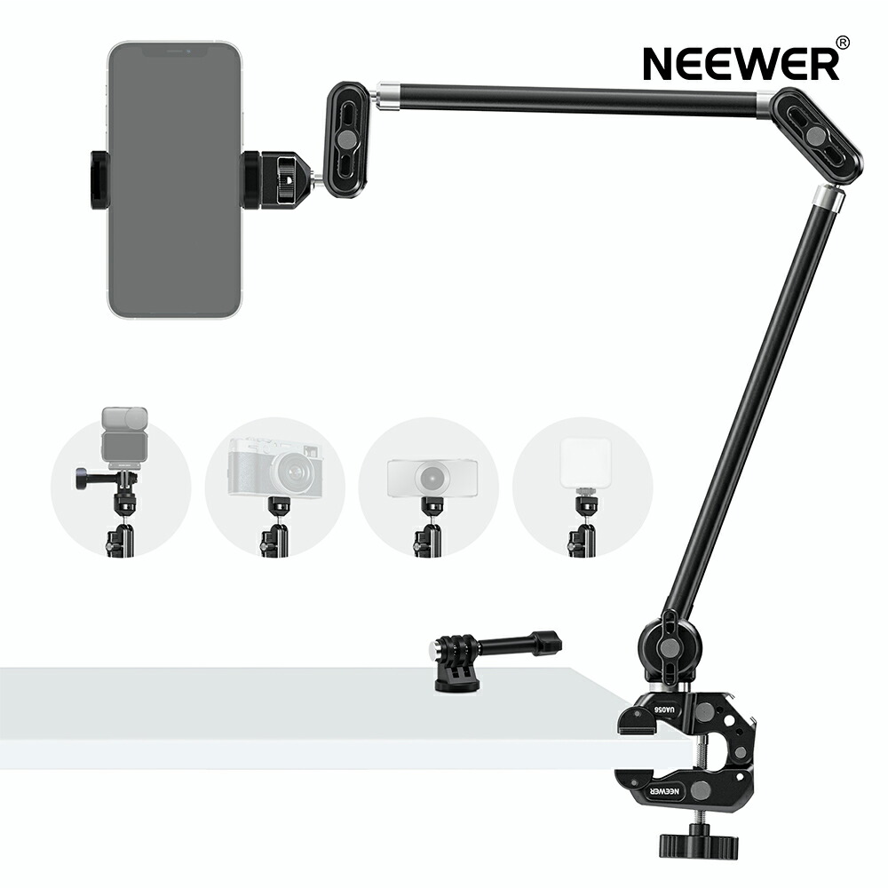 【P5倍UP中!】NEEWER 75cmマジックアーム 関節式ブームアーム 調整可能 スーパークランプ/アクションカムマウント/スマホホルダー付き 俯瞰撮影 カメラ卓上マウント マイクブームスタンド アクションカメラ/iPhone/DSLRカメラ/ウェブカメラ/マイク用 UA056
