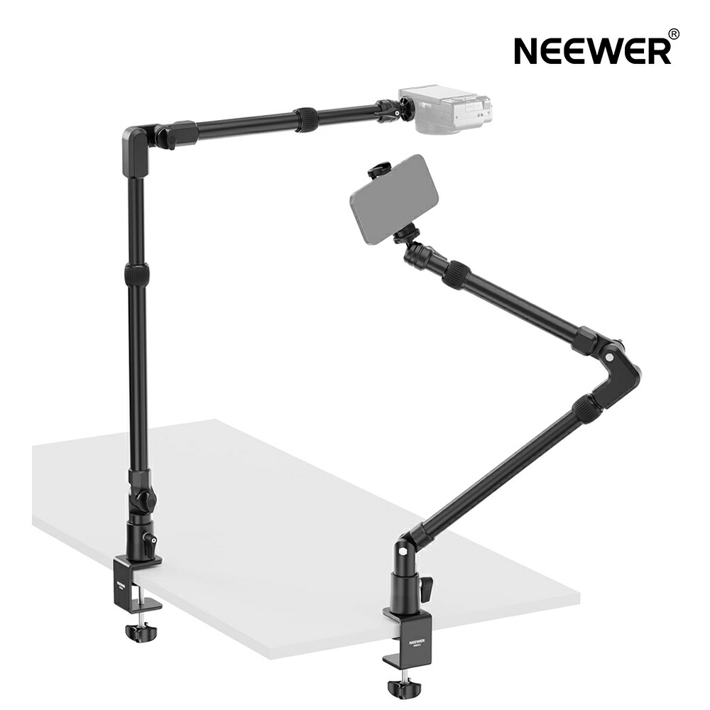 NEEWER 115珊写真機卓上照明ランプ手 俯瞰映画化 軽銀製 4段伸縮式取りひろげる手 マジックブームアーム Cクランプマウント/スマホホルダー付き添い人 webカメラ/LED点火装置/マイクロホン用 蝶つがい式もっけの幸い手 望遠レンズ電話を掛ける/映像媒体録画用 耐荷重2kg DS023